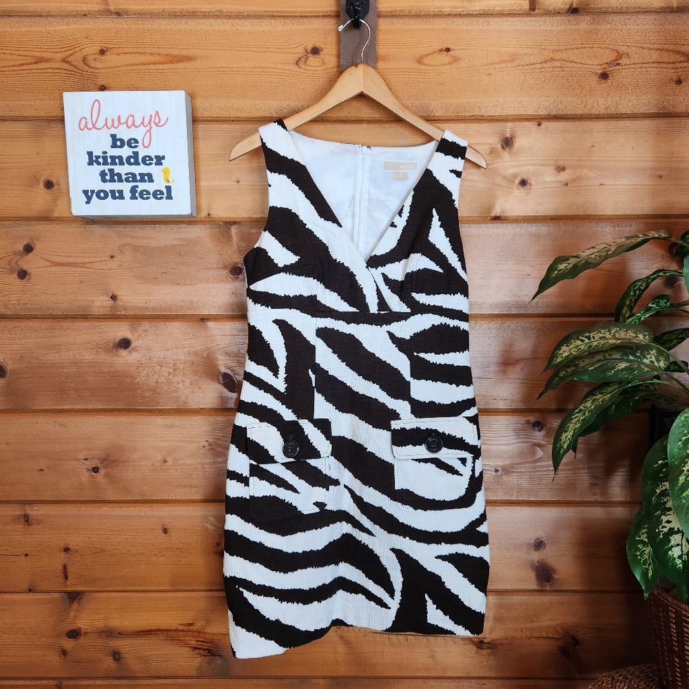 Michael Kors 💜 V-Neck Surplice Sleeveless Zebra Animal Tweed Dress Brown Ecru 8